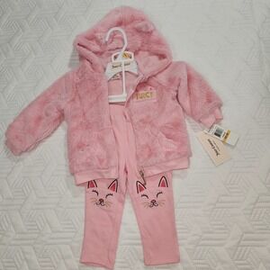 Juicy Couture Baby 12 Month Coat And Pant Clothing Set Faux Fur Pink‎ New Hooded